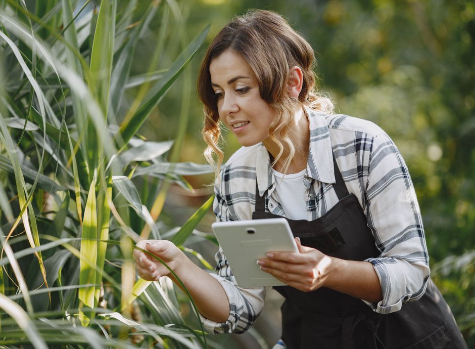 Profesional con tablet revisando cultivos en el campo, ejemplo de operación agroindustrial que depende de sistemas protegidos